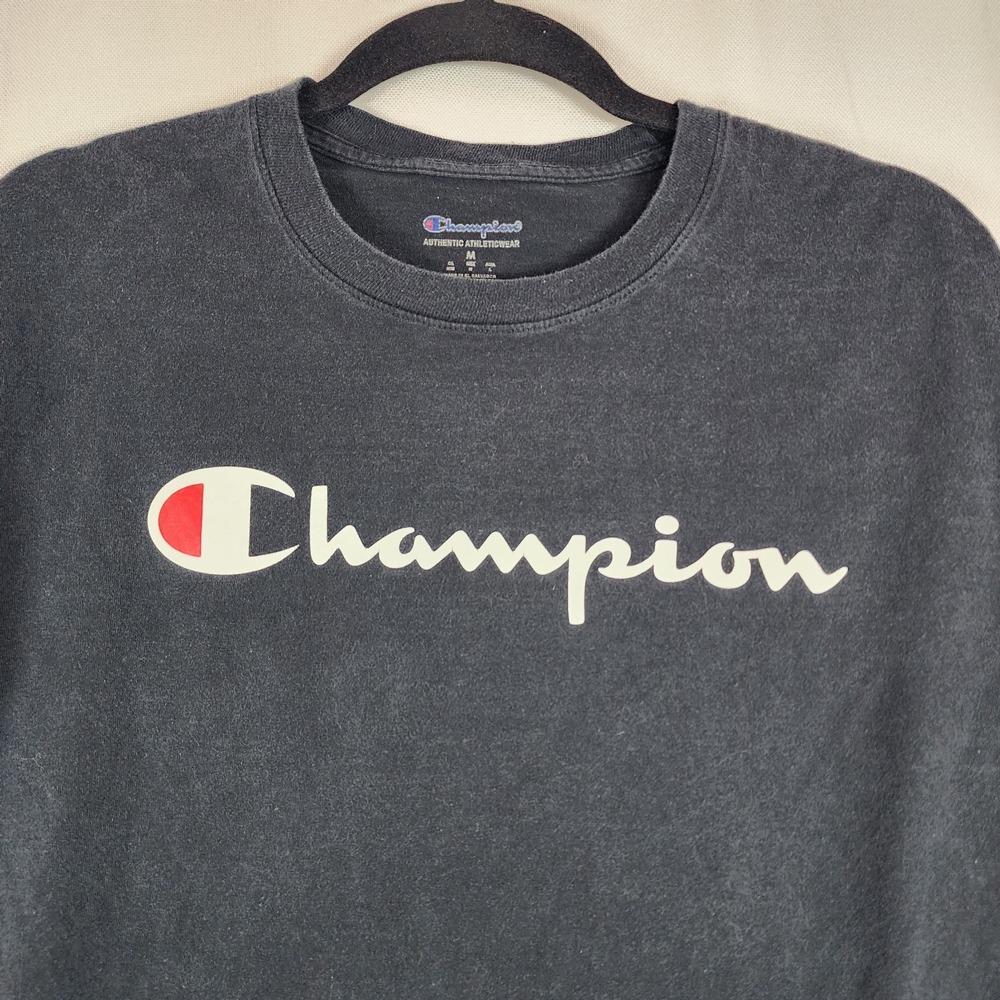 CHAMPION Authentic Athleticwear Men's Black Script Logo Crewneck Shirt SZ M - Picture 3 of 8